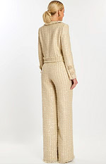 Back view of wide-leg champagne pantsuit with tailored jacket