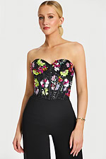 Strapless Black Corset Top with Colorful Floral Beading