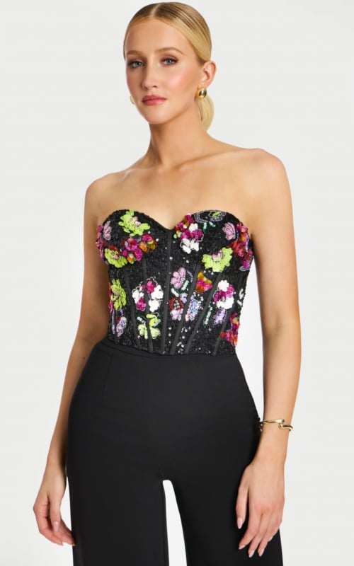 Strapless Black Corset Top with Colorful Floral Beading