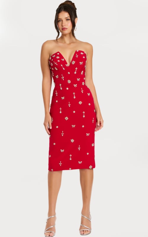 Strapless Red Midi Dress with Crystal Embellishments