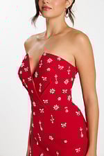 Close-Up of Red Dress with Beaded Butterfly and Floral Motifs