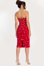 Back View of Strapless Fitted Red Dress with Back Slit