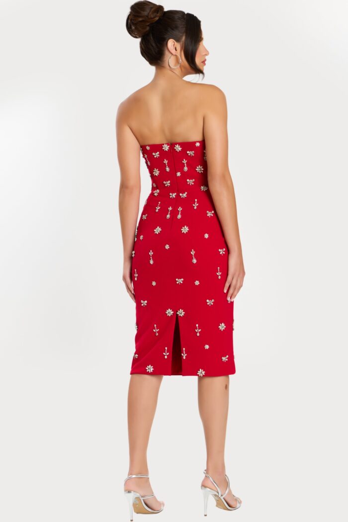 Back View of Strapless Fitted Red Dress with Back Slit