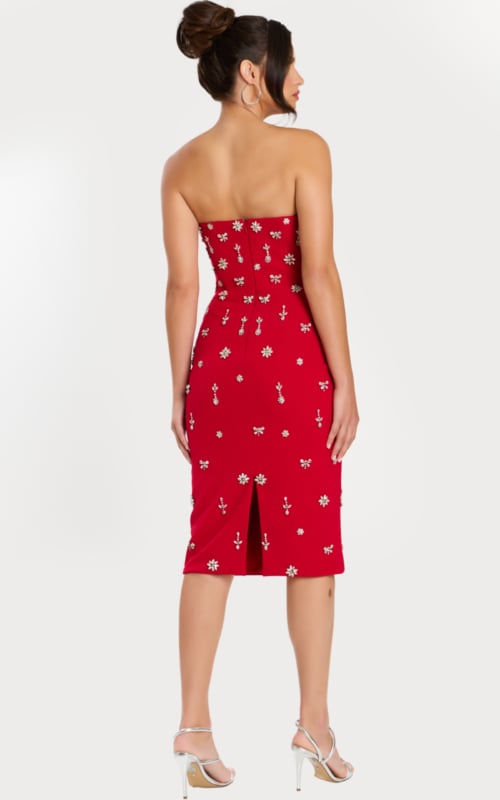 Back View of Strapless Fitted Red Dress with Back Slit