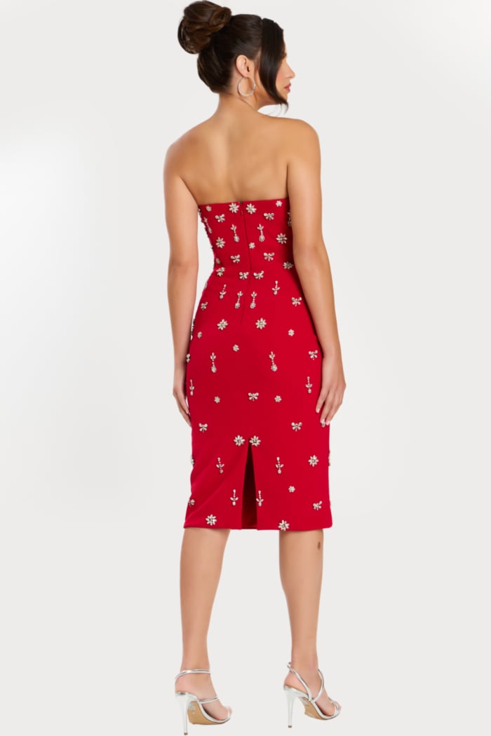 Back View of Strapless Fitted Red Dress with Back Slit