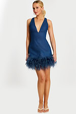 Denim Mini Dress with Deep V-Neck and Feather Hem