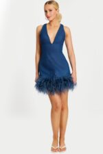 Fitted Denim Party Dress Featuring Fluffy Hemline Details