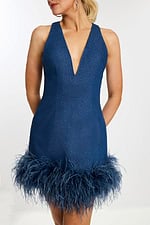 Fitted Denim Party Dress Featuring Fluffy Hemline Details