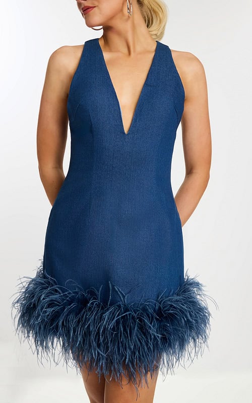 Fitted Denim Party Dress Featuring Fluffy Hemline Details