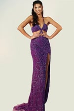 Elegant fitted beaded gown with open back and halter neckline