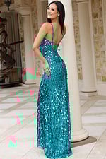 Back view of lace-up sequin gown with open back design