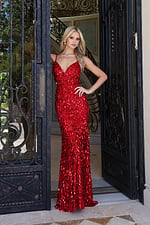sequined gown with plunging v-neck and crisscross back