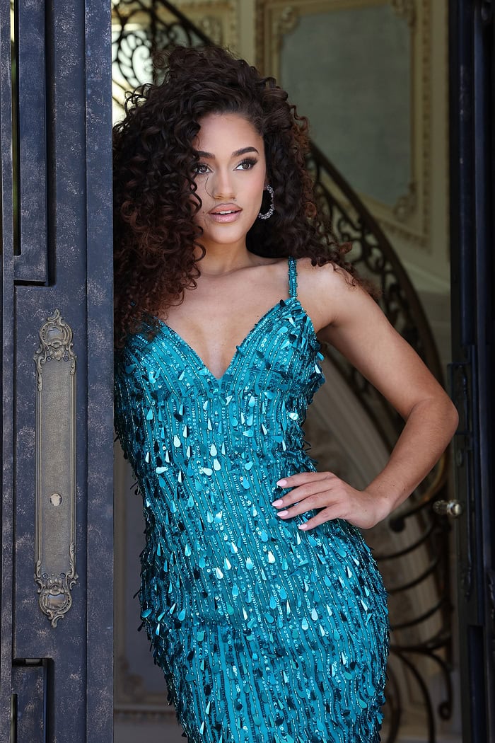 sequined gown with plunging v-neck and crisscross back