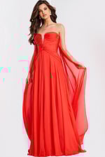 Coral red strapless prom dress with chiffon cape