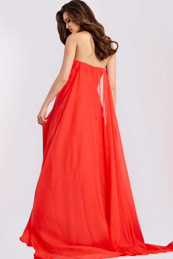 flowy red dress Sparkling Gown With Slit Design made to fit your exact measurements Strapless Dress with Flowing Cape
