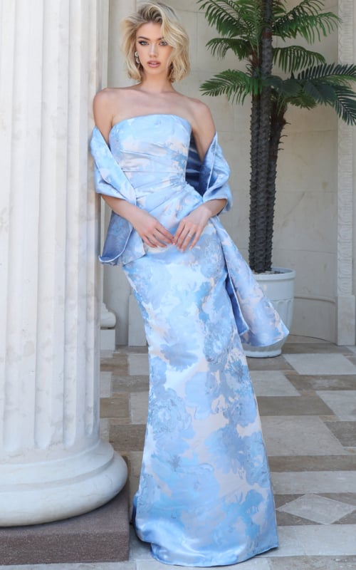 Light blue strapless floral jacquard gown with matching wrap.
