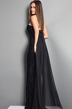 black sheath long dress with strapless sweetheart sequin embellished sheer overlay