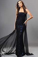 black sheath long dress with strapless sweetheart sequin embellished sheer overlay