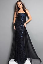 black sheath long dress with strapless sweetheart sequin embellished sheer overlay