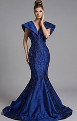 beaded mermaid gown with deep V neckline and sculpted collar