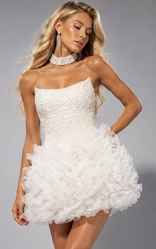 ivory pearl beaded strapless mini dress with voluminous ruffled organza skirt and matching pearl choker