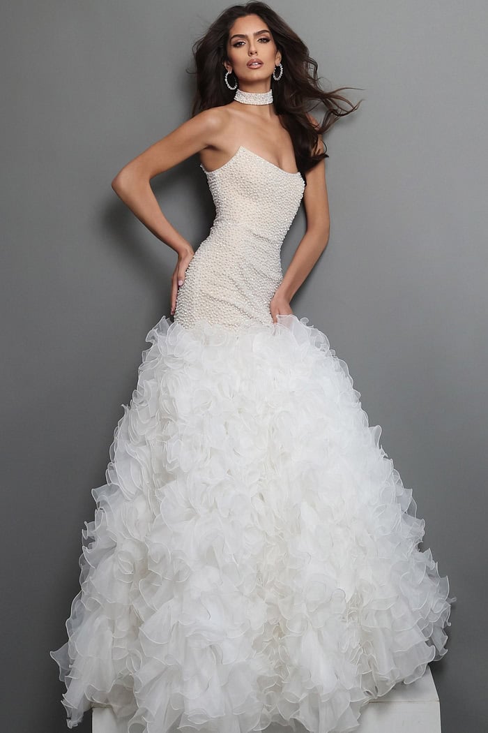 pearl beaded strapless mermaid gown