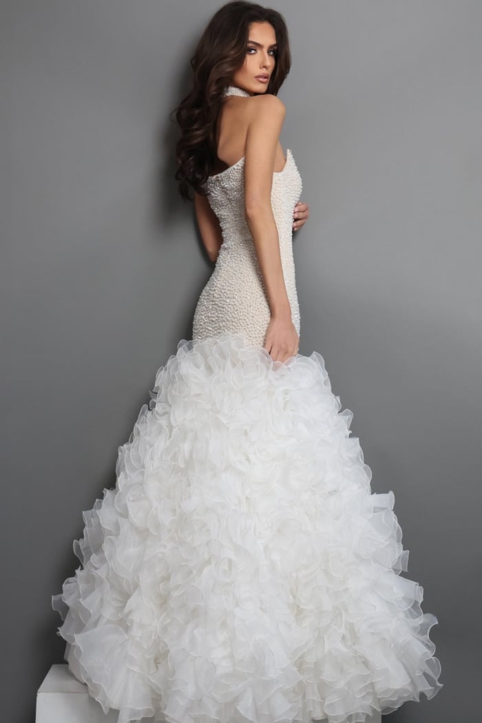 pearl beaded strapless mermaid gown