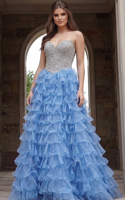 Strapless gown with fully beaded sweetheart bodice and voluminous tiered ruffle skirt in sheer layered fabric