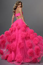 hot pink two piece ball gown long dress with halter neck crop top 3d floral tulle