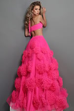 hot pink two piece ball gown long dress with halter neck crop top 3d floral tulle