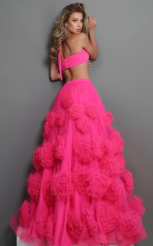 hot pink two piece ball gown long dress with halter neck crop top 3d floral tulle