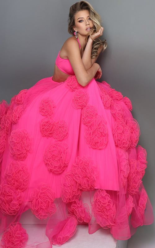 hot pink two piece ball gown long dress with halter neck crop top 3d floral tulle