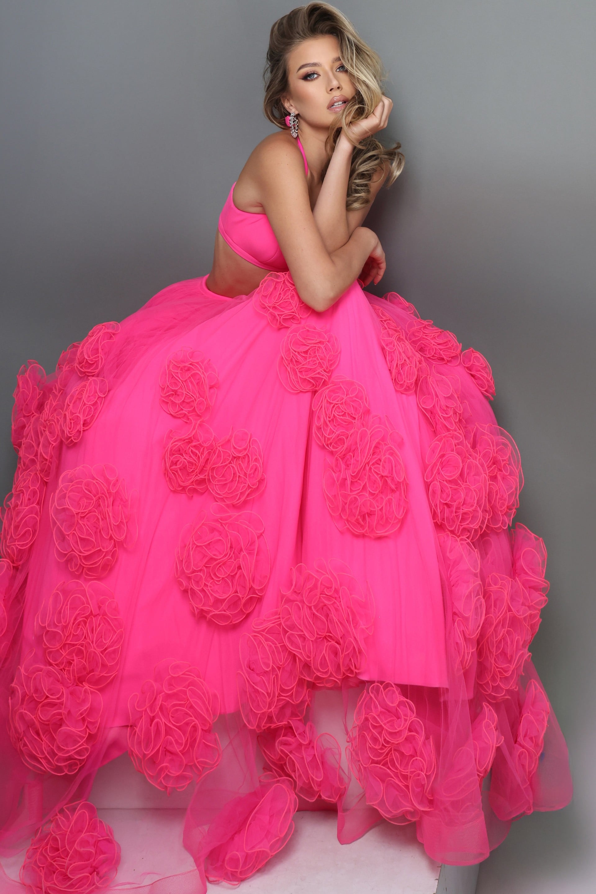 45343_3 hot pink two piece ball gown long dress with halter neck crop top 3d floral tulle