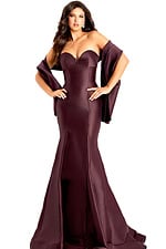 Luxurious floor length satin dress with structured bodice and draped shawl