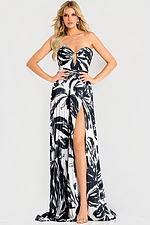 Strapless pleated gown with black and white print