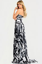 Pleated gown with front slit and abstract print