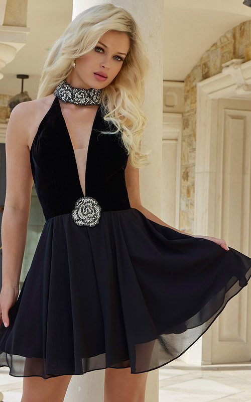 halter mini dress with embellished choker and jeweled waist
