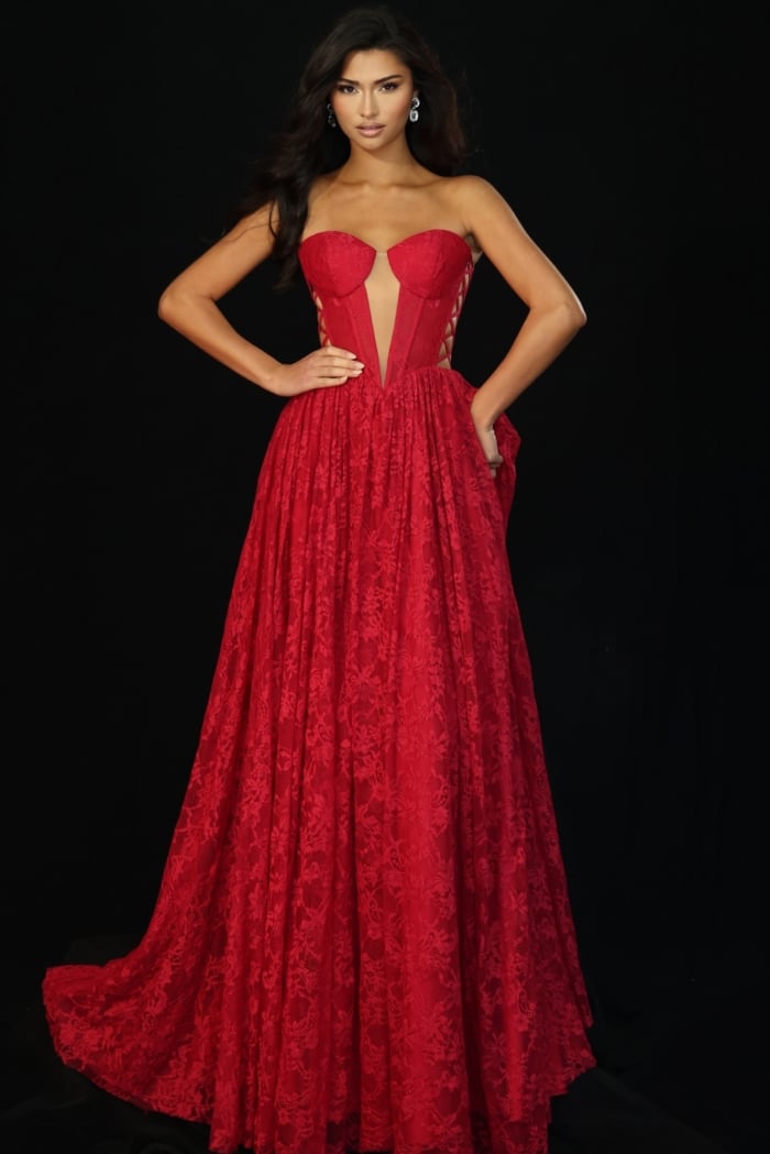 Strapless lace ball gown prom dress with corset bodice and sheer neckline