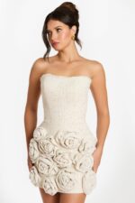 Back View of Textured Strapless Dress with Floral Details