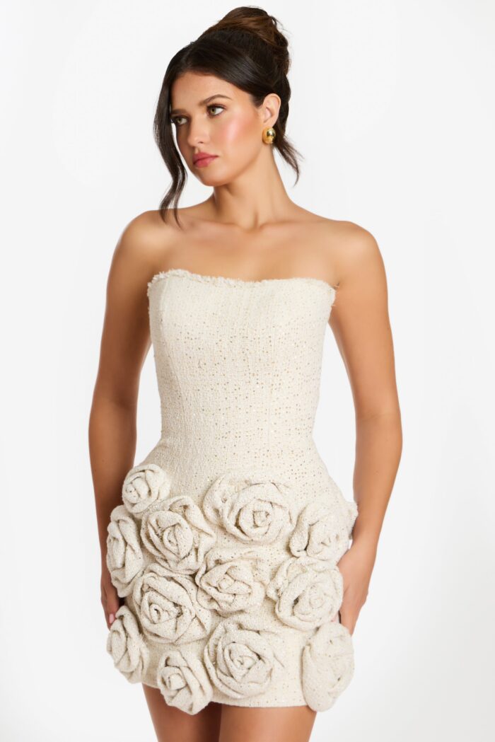Back View of Textured Strapless Dress with Floral Details