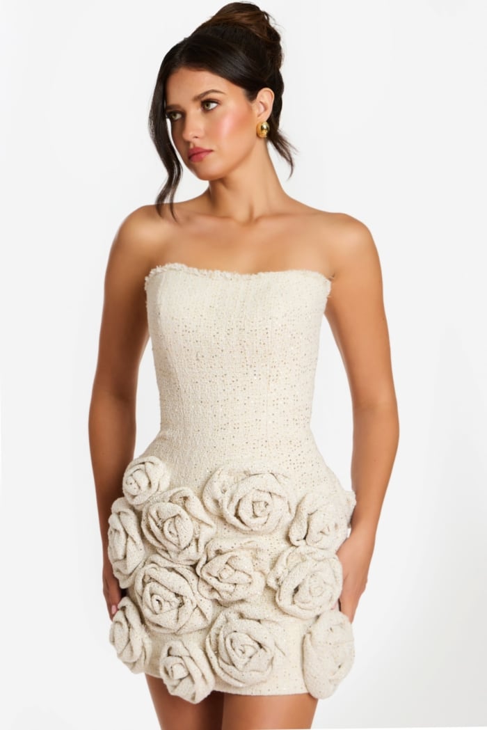 Back View of Textured Strapless Dress with Floral Details