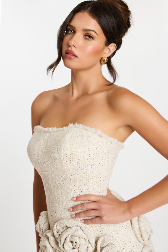 Close-Up of Frayed Neckline and Tweed Bodice