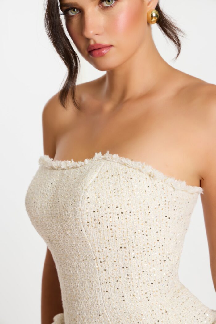 Cream Strapless Dress Featuring Oversized Rosettes