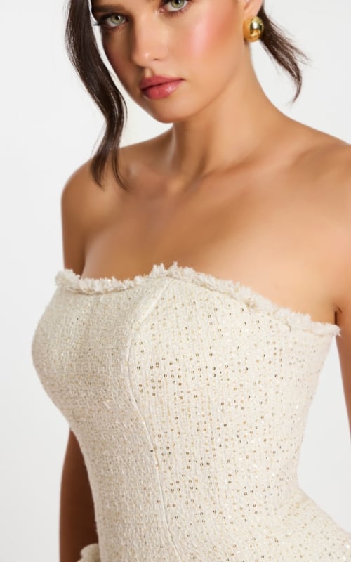 Textured Tweed Mini Dress with Sculpted Rose Accents