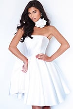 Elegant white satin dress featuring statement flower collar and fitted bodice
