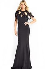 Elegant fitted gown with beaded shoulder cape