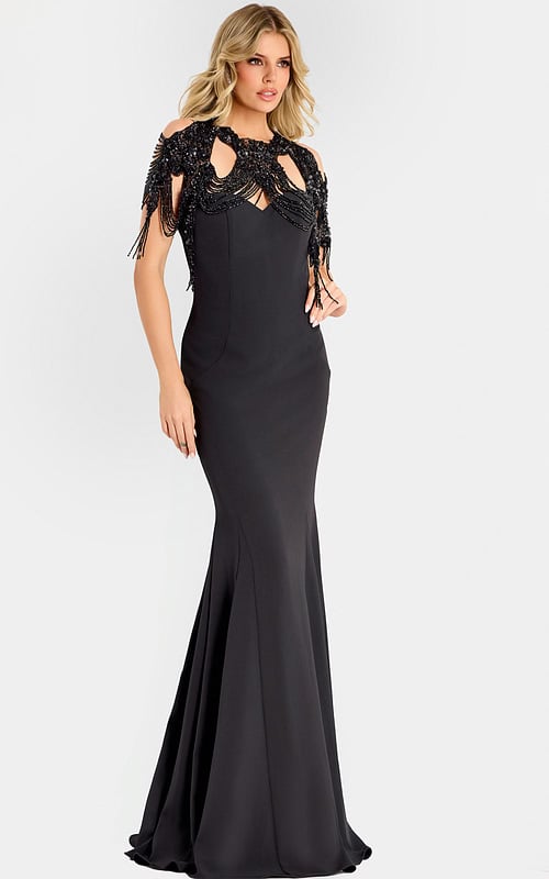 Black evening dress with fringe beaded detailing