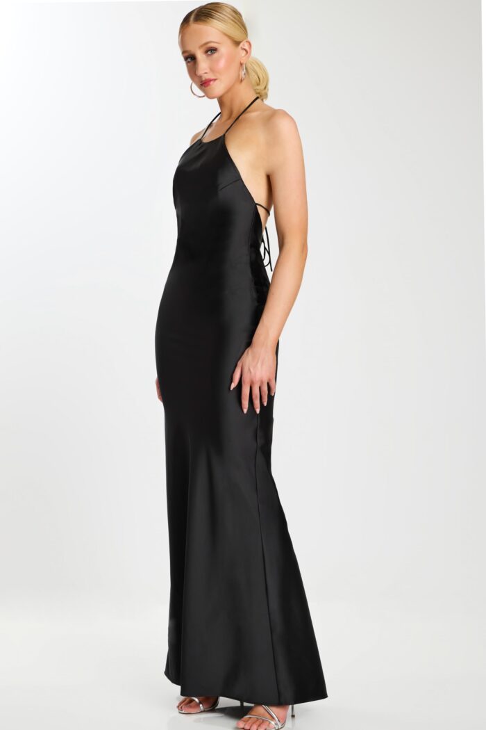 Black Satin Halter Dress with Open Back