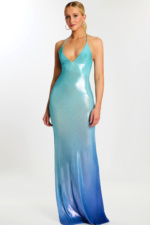 Blue ombre metallic prom dress with halter neckline