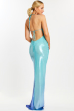 Floor-length shiny blue gradient dress for prom